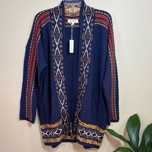 Lucky Brand Navy Sweater Knit Cardigan with Gold and Red Patterned Border, XL